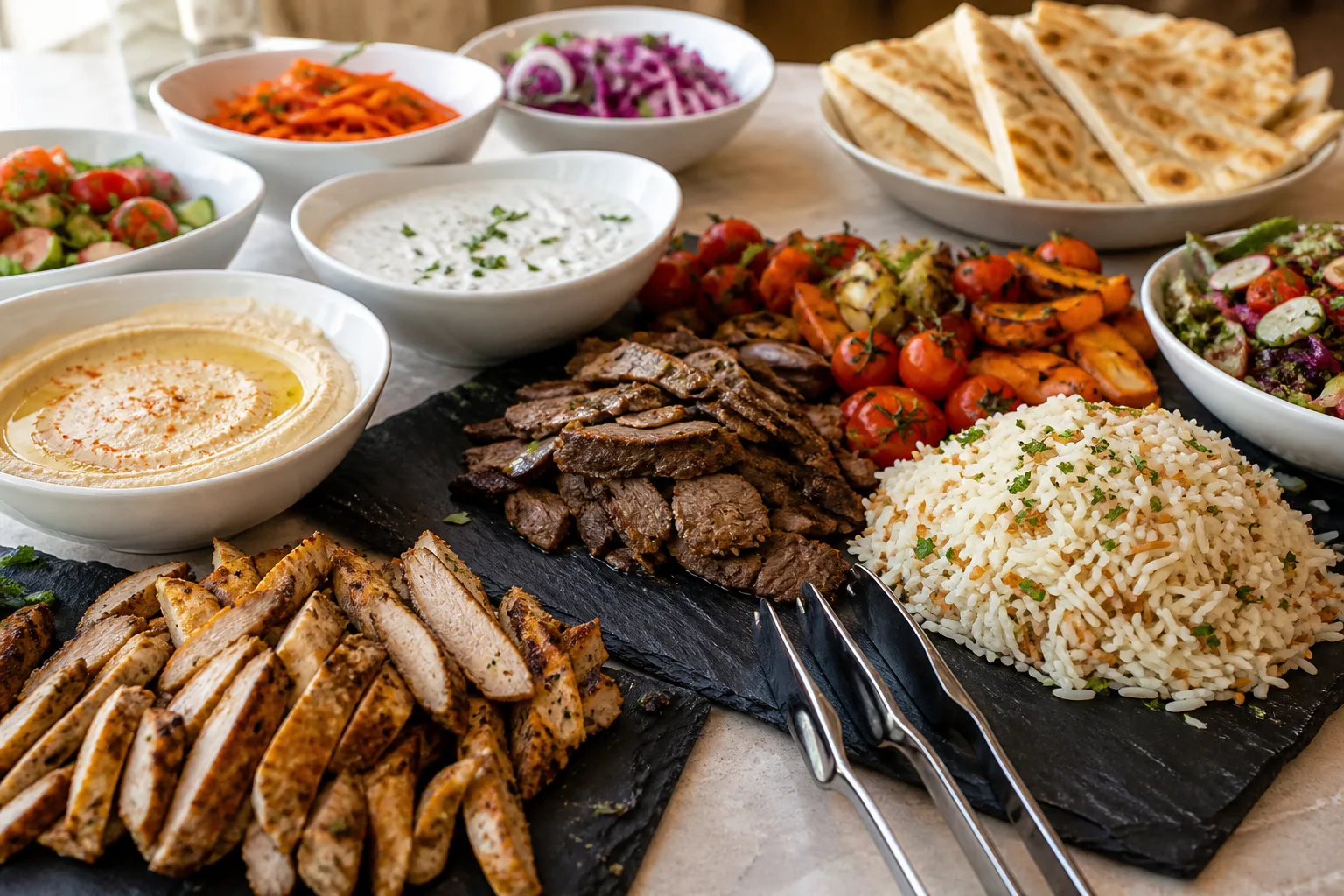 Catering platter with grilled meats, rice, salads, sauces, and pita.